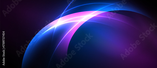 Abstract design features curved lines, vibrant blues, pinks, purple hues. Dark background emphasizes glowing shapes, creating dynamic visual effect.
