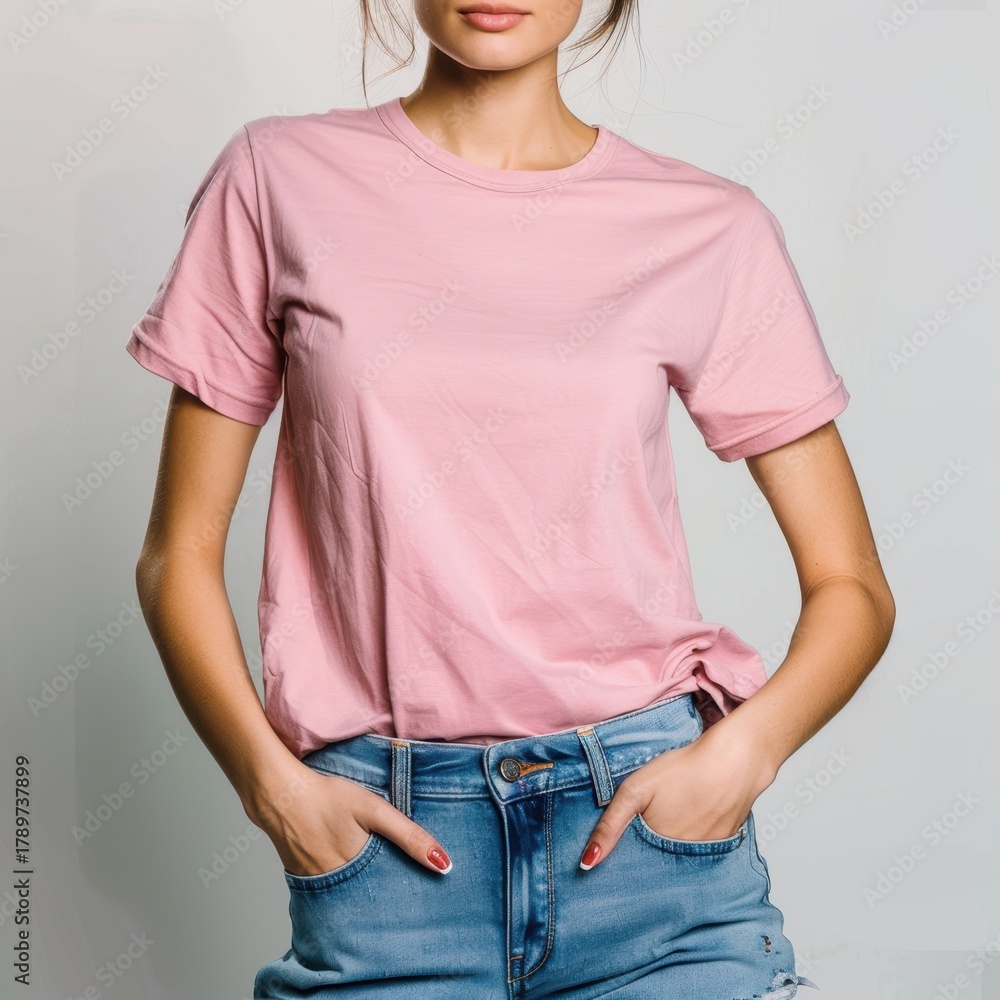 Obraz premium Woman in Pink T-Shirt and Blue Jeans