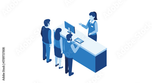 Professional team collaborating at modern reception desk discussing project details with digital tablet and computer