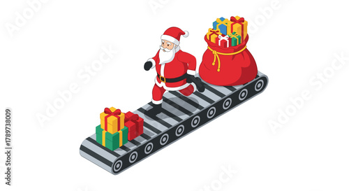 Santa Claus efficiently working on a gift assembly line, delivering holiday cheer and presents with speed and joy