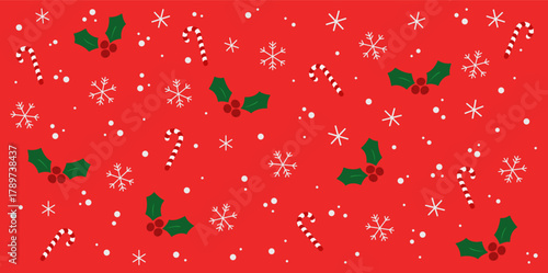 Seamless Christmas pattern with holly, candy canes, snowflakes and falling snow on red background