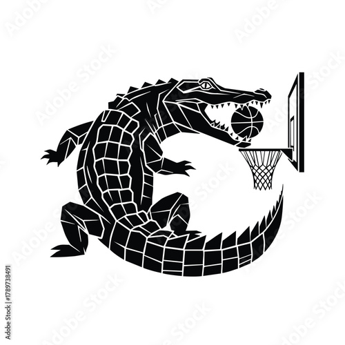 Geometric Crocodile Playing Basketball Dunking Ball Silhouette Vector Design