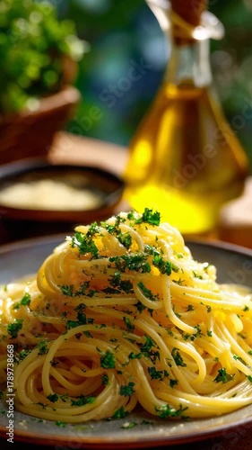 Delicious spaghetti twirling with fresh parsley and olive oil, a culinary delight for food lovers and Italian cuisine enthusiasts