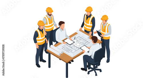 Professional team collaborating on blueprints and project plans in a modern office setting, planning construction success