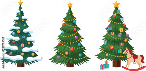 PrintBeautiful decorated Christmas trees with ornaments, gifts, and festive lights, holiday celebration illustration, winter decoration design with star and toy