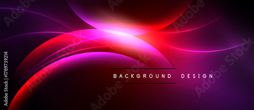Abstract vibrant design features flowing curves, purple, pink, red hues. Dark background emphasizes bright light effects, modern aesthetic.
