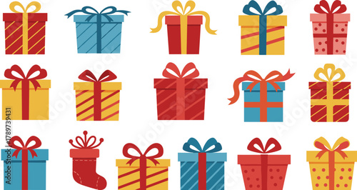 PrintColorful gift boxes with ribbons and bows, festive holiday presents for Christmas, birthday, celebration, party decoration, and surprise packaging design
