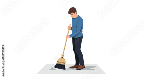 Diligent man sweeping floor, maintaining clean space, a simple act of tidiness and order for a fresh environment