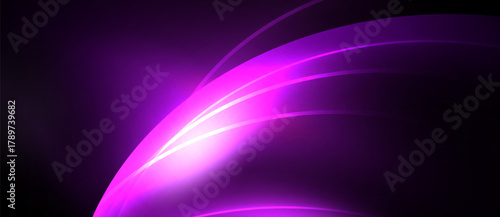 Abstract purple lines radiate from bright center. Dark background creates dramatic visual effect. Smooth curves suggest movement, energy.