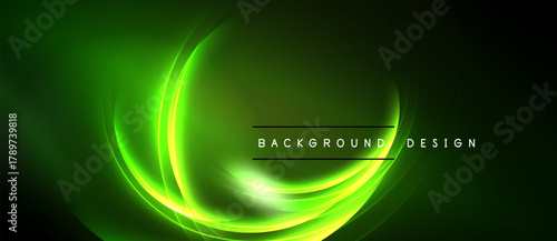 Abstract green neon lines create dynamic flow. Dark background emphasizes bright curves, modern design element. Simple text overlay present.