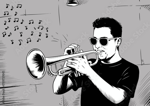 An artistic sketch of a jazz musician passionately playing the trumpet, filled with energy and rhythm, representing the vibrant world of music and creative expression.