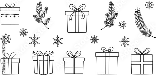 PrintHand drawn Christmas gift boxes with pine branches and snowflakes, festive winter holiday doodle illustration, black and white background design