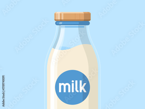 A classic glass milk bottle with a wooden cap is illustrated, representing freshness and simplicity often associated with dairy and wholesome products.