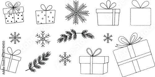 PrintHand drawn Christmas gift boxes with snowflakes and pine branches, festive holiday doodle background, black and white winter illustration design