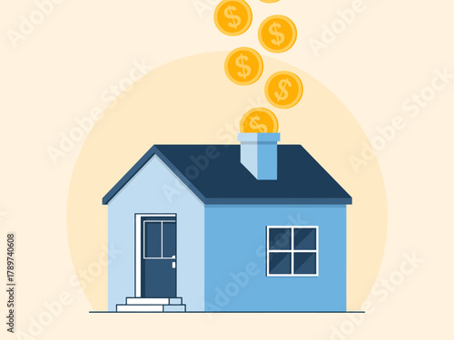 This charming illustration depicts a cozy house with dollar coins rising from the chimney, symbolizing prosperity and wealth in a visually engaging way.