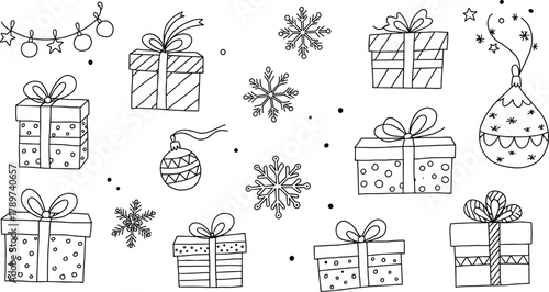 PrintHand drawn Christmas gifts and ornaments with snowflakes, festive doodle holiday illustration, black and white winter celebration design art