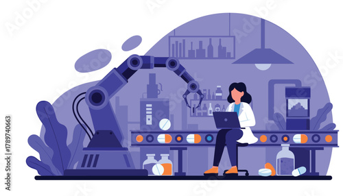 Scientist monitors robotic arm and conveyor belt producing pills in modern pharmaceutical lab