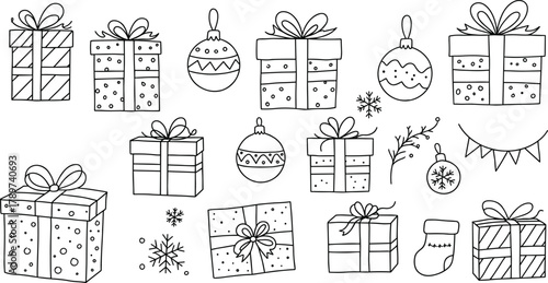PrintHand drawn Christmas gifts and decorations with ornaments, snowflakes, and festive doodles, black and white holiday celebration illustration design