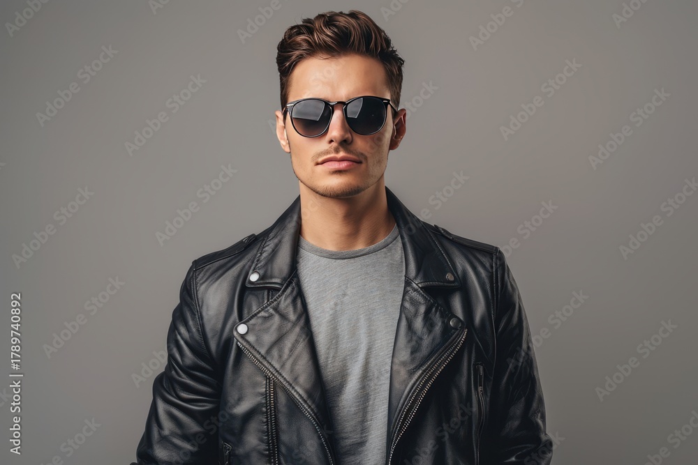 Obraz premium Stylish Man in Leather Jacket and Sunglasses Fictional Character Created By Generative AI