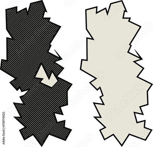 Abstract forms: one hatched black, other solid with a contour