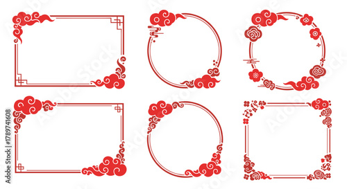 Elegant red decorative borders and frames with traditional Asian cloud motifs perfect for festive invitations and cultural designs