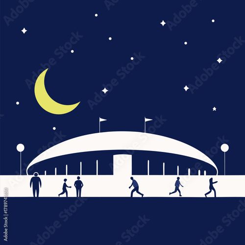 Night view of a stadium with people walking around under a starry sky with a crescent moon shining vector landscape background.