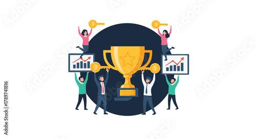 Celebrate business victory with a golden trophy, keys to success, and rising charts, showcasing team achievements and financial growth
