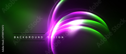 Abstract neon lines create dynamic background. Vibrant green, purple hues blend into dark space. Modern design element.