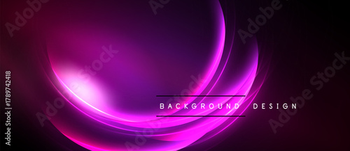Abstract purple waves, dynamic light effects, sleek design. Background features glowing curves, modern aesthetic. Dark space surrounds vibrant elements.