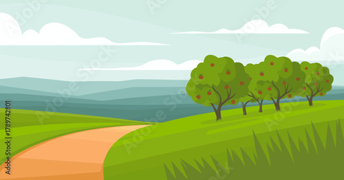 A vibrant landscape illustration showcasing apple trees dotting the hills, emphasizing nature's beauty, tranquility, and the simplicity of rural life.