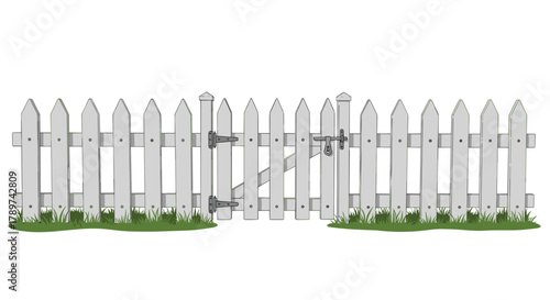 Charming white picket fence with an open gate invites you into a serene garden oasis, evoking classic Americana and peaceful home life