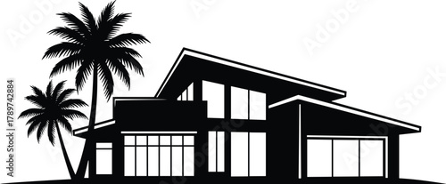PrintModern tropical house silhouette, luxury beach villa illustration, contemporary architecture design, palm trees landscape, minimalist real estate logo concept vector