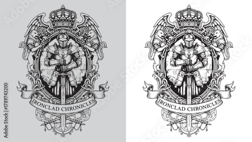 Ironclad Chronicles: Knight in Full Armor with Sword and Winged Lions