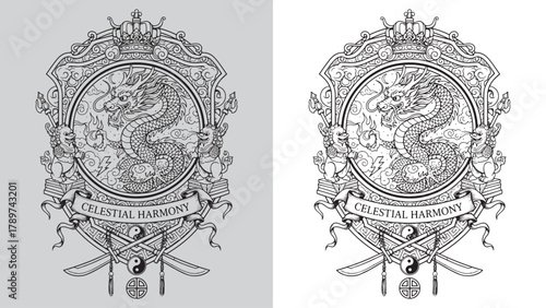 Celestial Harmony: Chinese Dragon with Fire Ball and Fu Dog Guardians