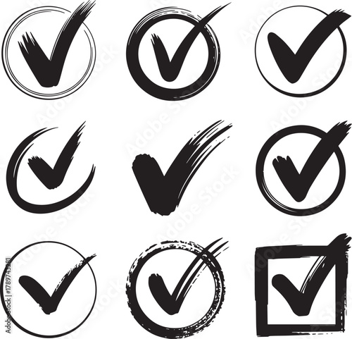 Check mark grunge icon set