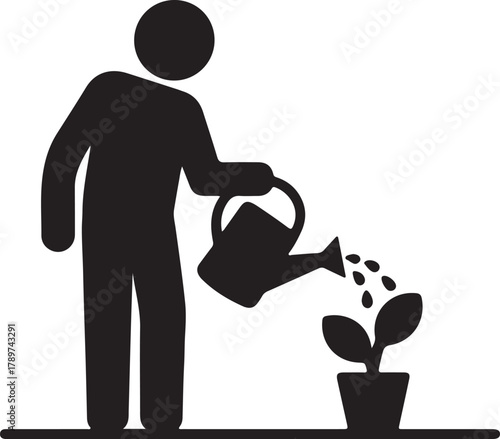 Silhouette of a person tending to a plant icon