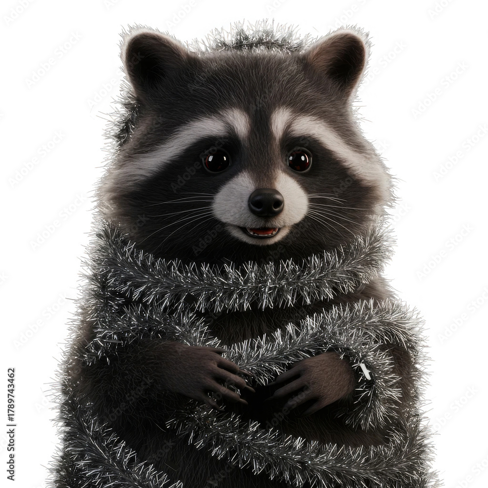 Obraz premium Festive Raccoon Portrait with Silver Tinsel on Transparent Background