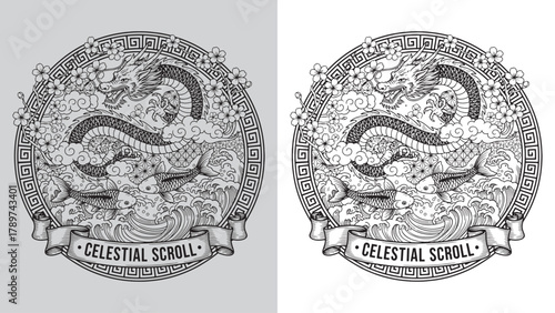 Celestial Scroll: Chinese Dragon and Twin Koi with Geometric Border