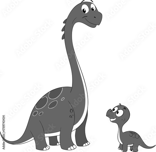 Two cartoon dinosaurs are depicted against a plain white background. The larger dinosaur, a Brachiosaurus, is positioned on the left side, facing slightly towards the right. It is drawn in a simple, m
