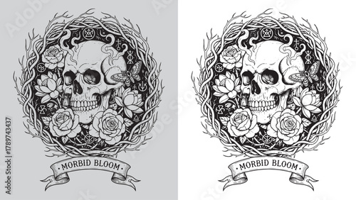 Morbid Bloom: Skull with Roses, Lotus Flowers, and Occult Symbols