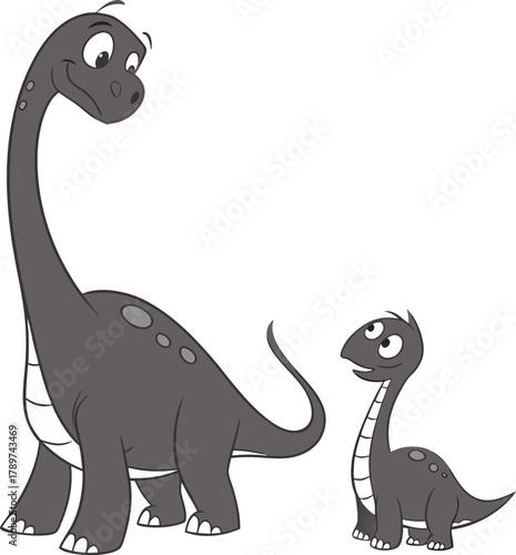 Two cartoon dinosaurs are depicted against a plain white background. The larger dinosaur, a Brachiosaurus, is positioned on the left side, facing slightly towards the right. It is drawn in a simple, m