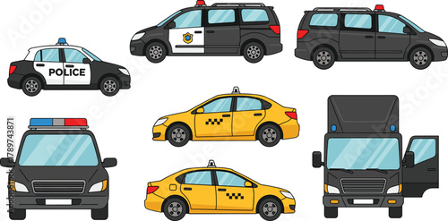 PrintPolice car and taxi vehicle illustration set, emergency transport icons, city service cars, professional automotive design clipart for projects