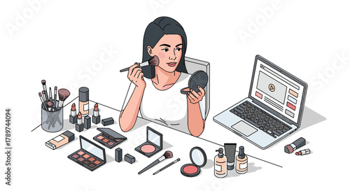 Captivating woman applying makeup while consulting laptop, surrounded by beauty products and tools, perfect for online tutorials and content creators