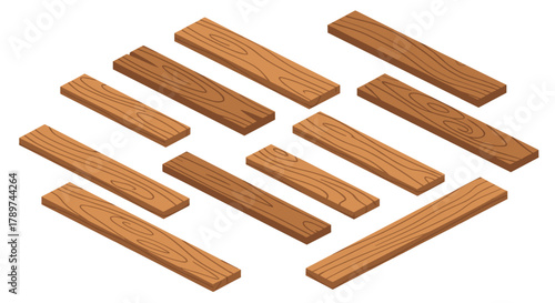 Dynamic construction projects with versatile, realistic wooden planks arranged in an isometric perspective