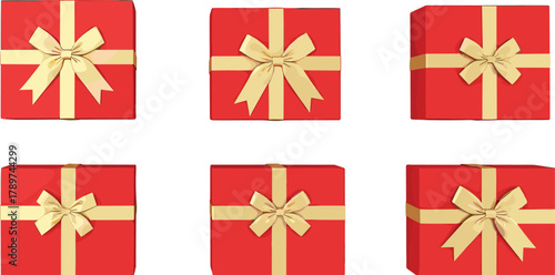 PrintRed Christmas gift boxes with golden ribbon bows, festive wrapped presents collection, holiday decoration packaging illustration for winter celebration and seasonal design