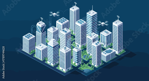 Dynamic smart city skyline with futuristic skyscrapers and aerial drones delivering innovation, showcasing modern urban development and connectivity