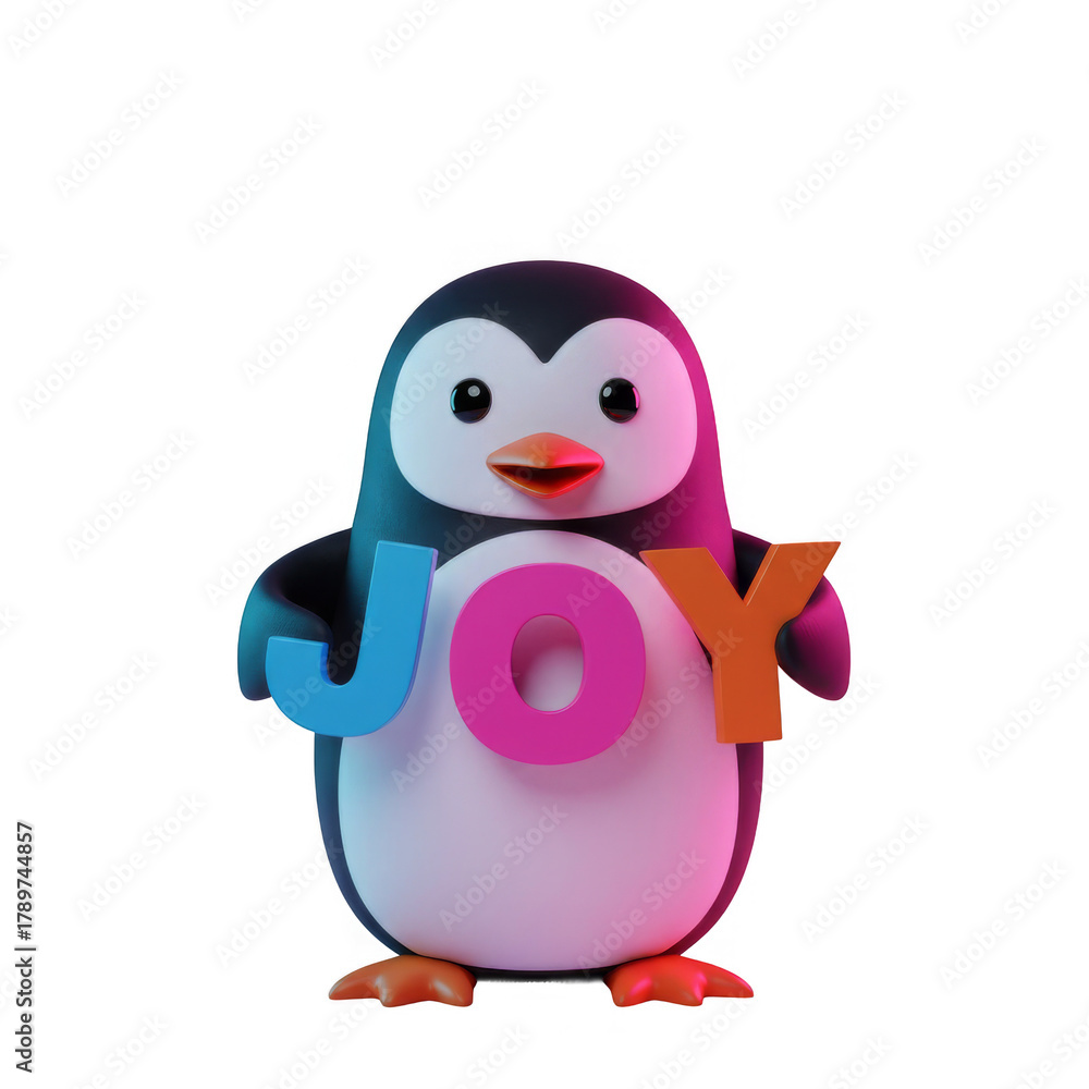 Fototapeta premium Cute Penguin Holding Joy Text with Neon Lighting on Black Background