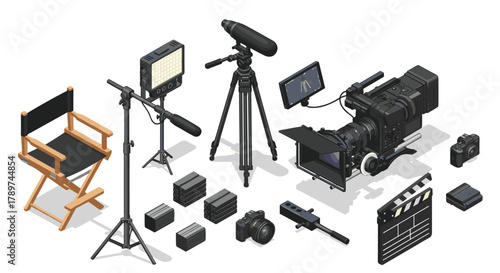 Professional film production equipment set with camera, lighting, tripod, and director's chair for creating engaging visual stories