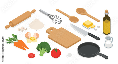 Whip up culinary magic with this vibrant collection of fresh ingredients and essential kitchen tools, perfect for any recipe creation