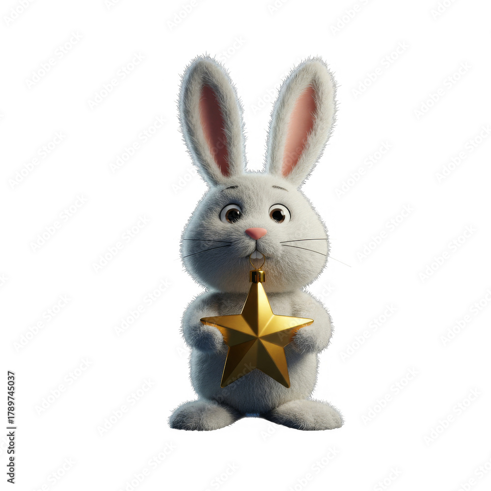 Obraz premium Fluffy White Rabbit Toy Holding Golden Star Decoration Isolated